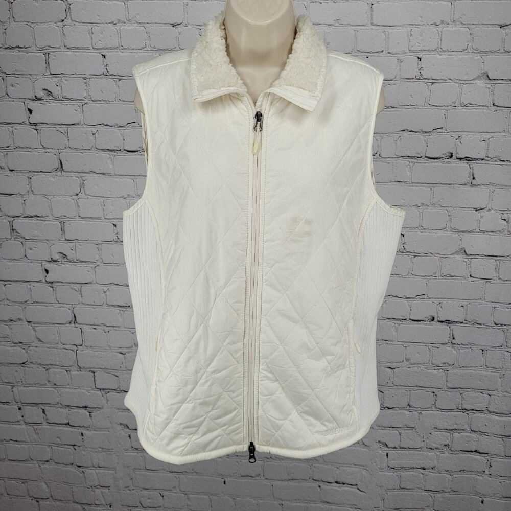 LL Bean Ivory Quilted Sherpa Lined Knit Stretch Side Panels Full Zip Vest XL